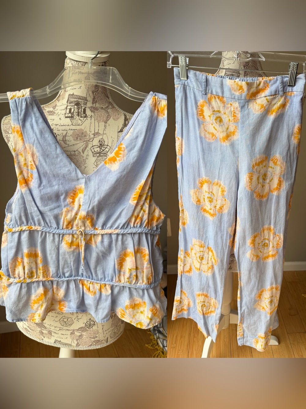 Zara Light Blue Floral Tank and Pants Set